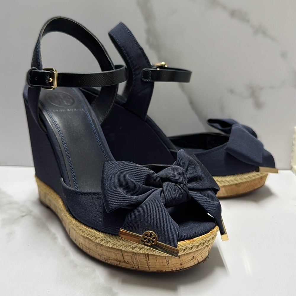 Tory Burch Navy Espadrille Wedge Sandals with Bow